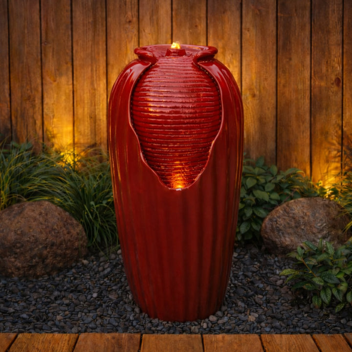 Teamson Home 32'' Glazed Red Outdoor Water Fountain - Outdoor Décor Freestanding Floor Feature with Built-In LED Light, Glossy Red
