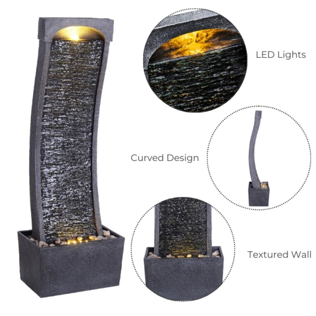 an image with inset photos shows the fountains LED lights, profile view and textured wall details
