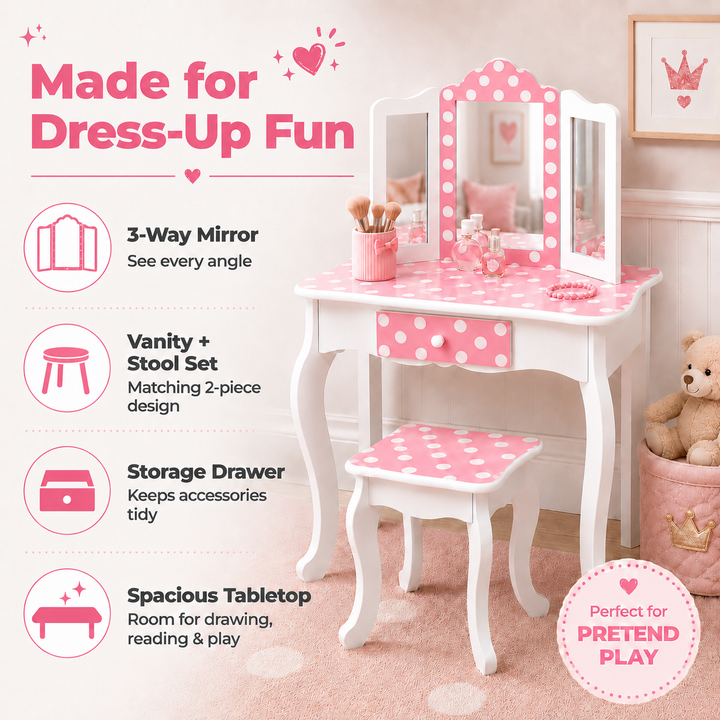 Teamson Kids Gisele Polka Dot Wooden Play Vanity Set with Tri-Fold Mirror, Storage Drawer, Matching Stool, Kids Makeup Table and Chair for Dress-Up Pretend Play, Ages 3+, Pink & White