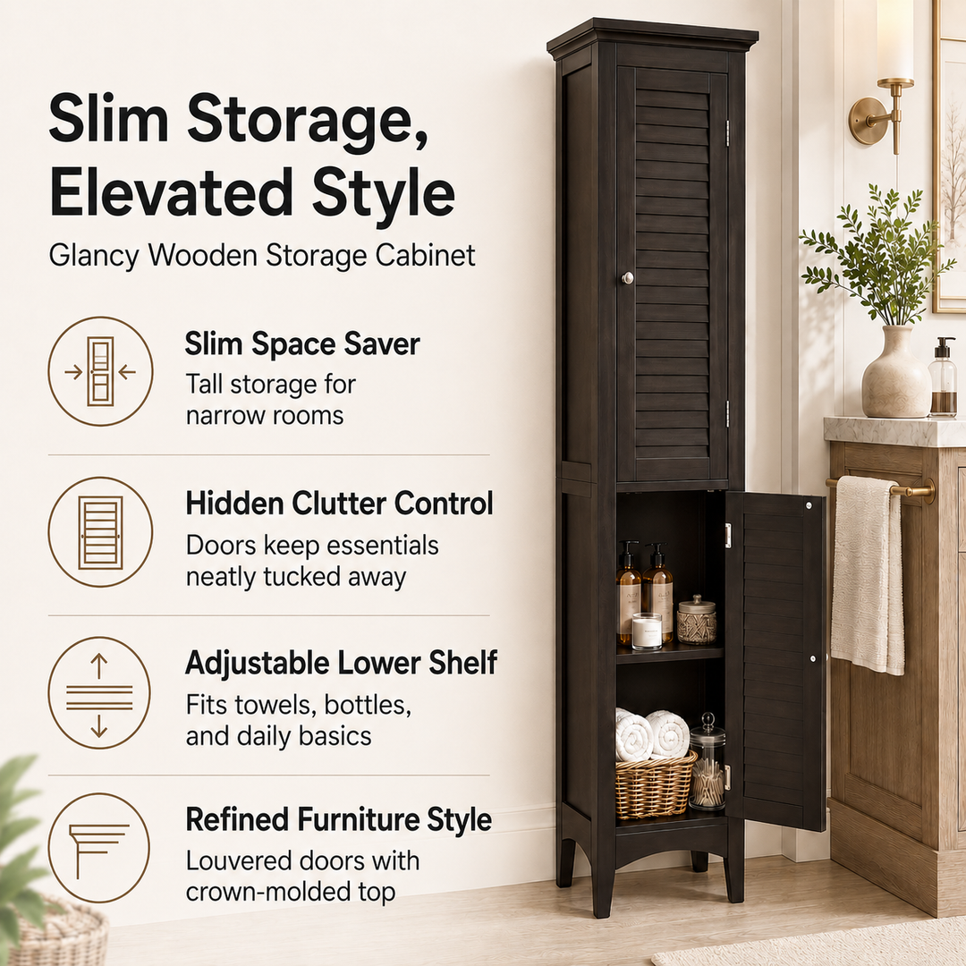 Teamson Home Glancy Wooden Bathroom Storage, Tall Narrow Freestanding Floor Cabinet with Louvered Doors, Interior Shelves, Anti-Tip Kit, for Bathroom, Living Room, Hallway, Espresso / Dark Brown
