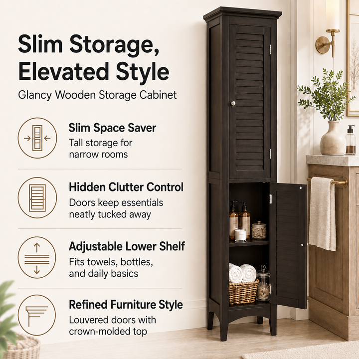 Teamson Home Glancy Wooden Bathroom Storage, Tall Narrow Freestanding Floor Cabinet with Louvered Doors, Interior Shelves, Anti-Tip Kit, for Bathroom, Living Room, Hallway, Espresso / Dark Brown