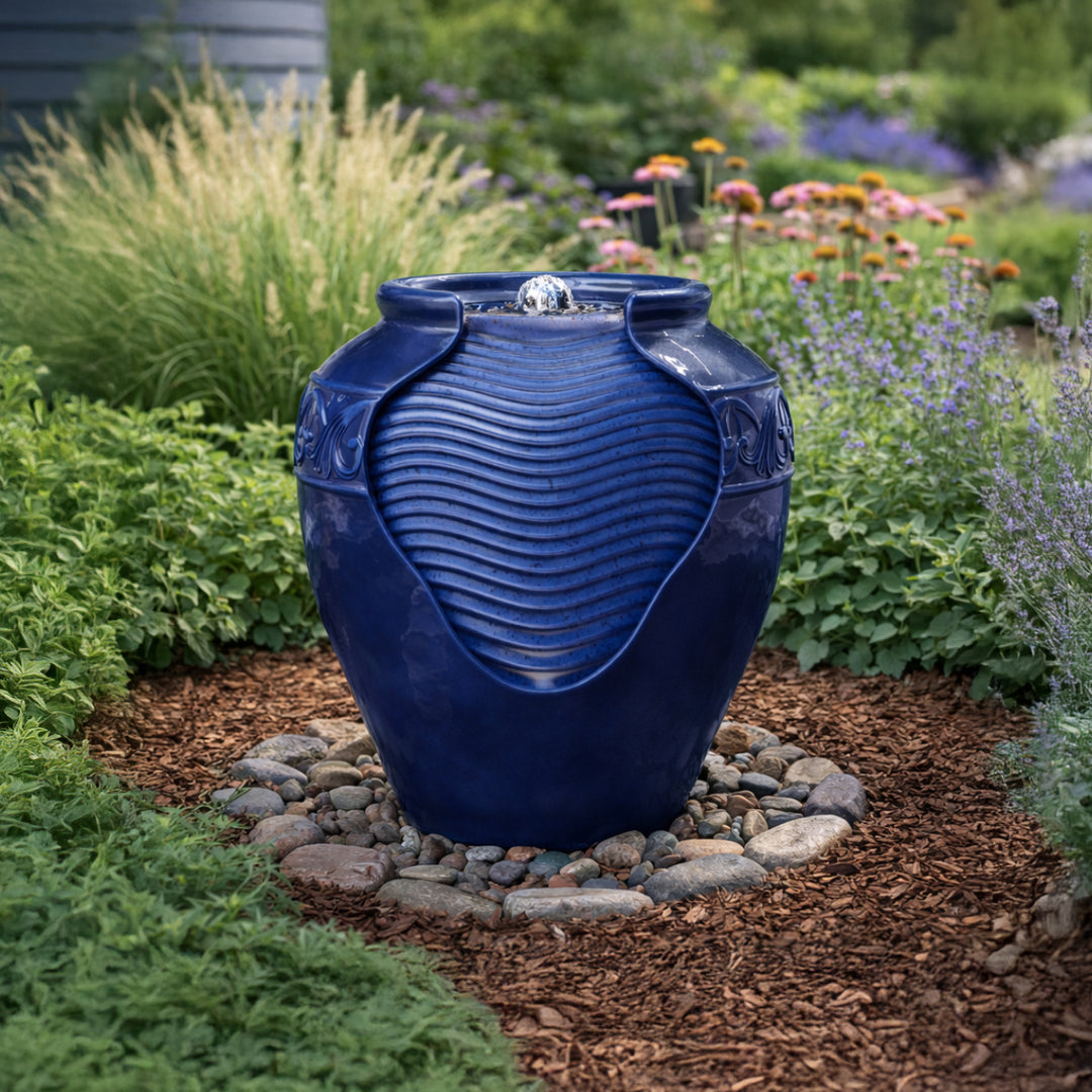 Teamson Home Outdoor Glazed Pot Fountain with LED Lights, Blue