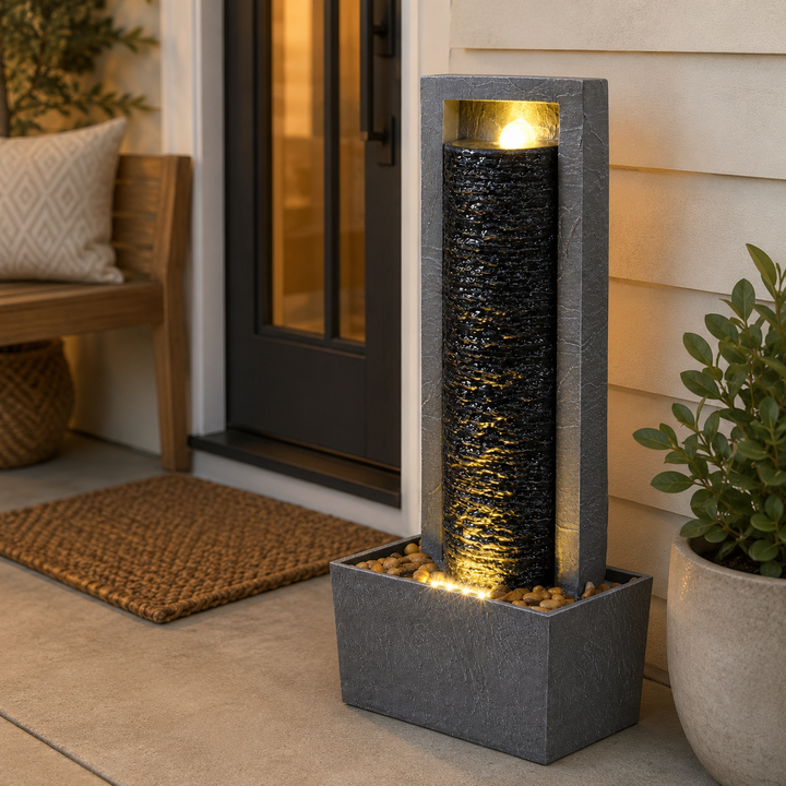 Teamson Home Framed Layered Rock Design Outdoor Water Fountain–Warm Glow Lighting with Steady Flow & Electric Pump, Dark Gray