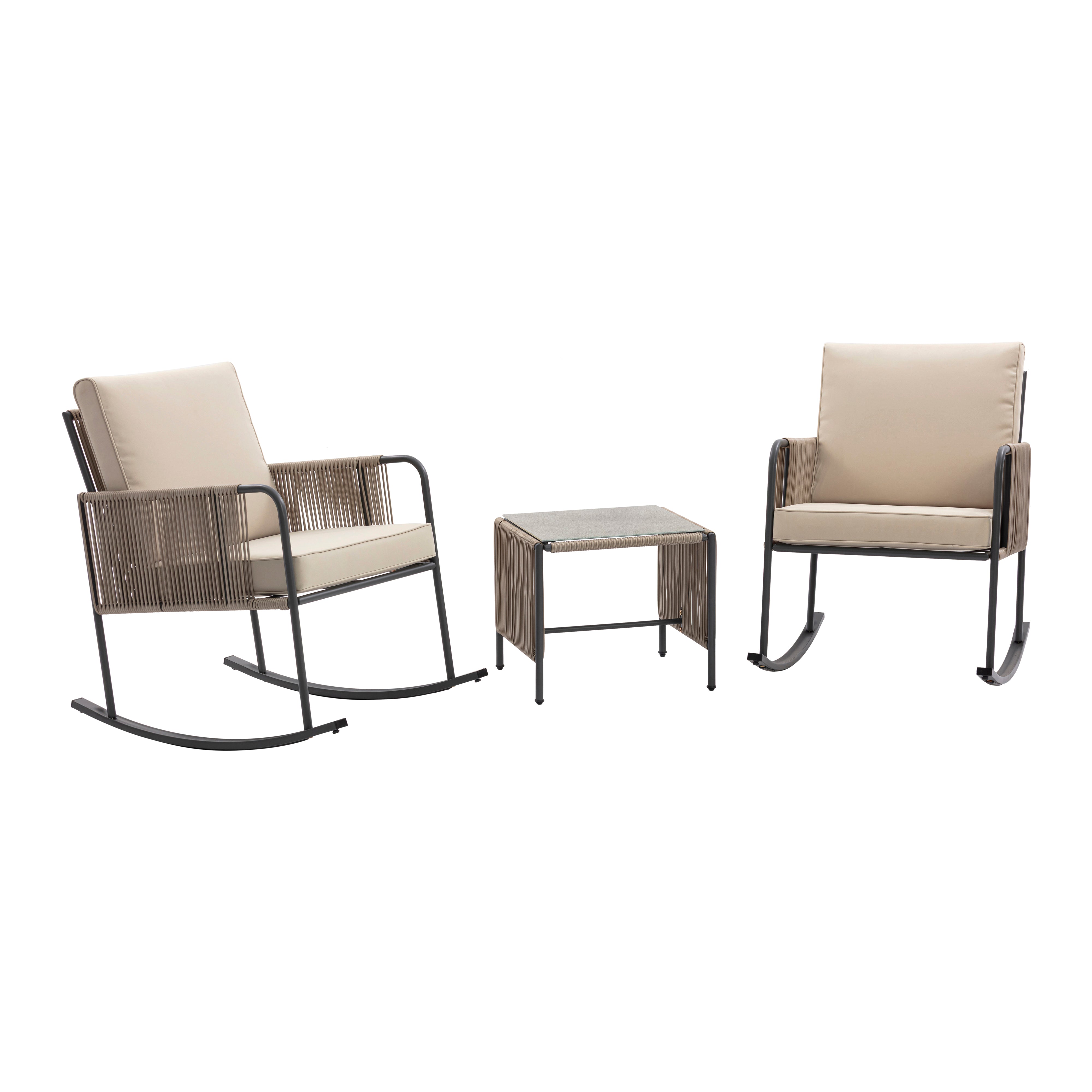 Steel Frame Rocking Chair Conversation Set with Rope Accent Outdoor Fu ...