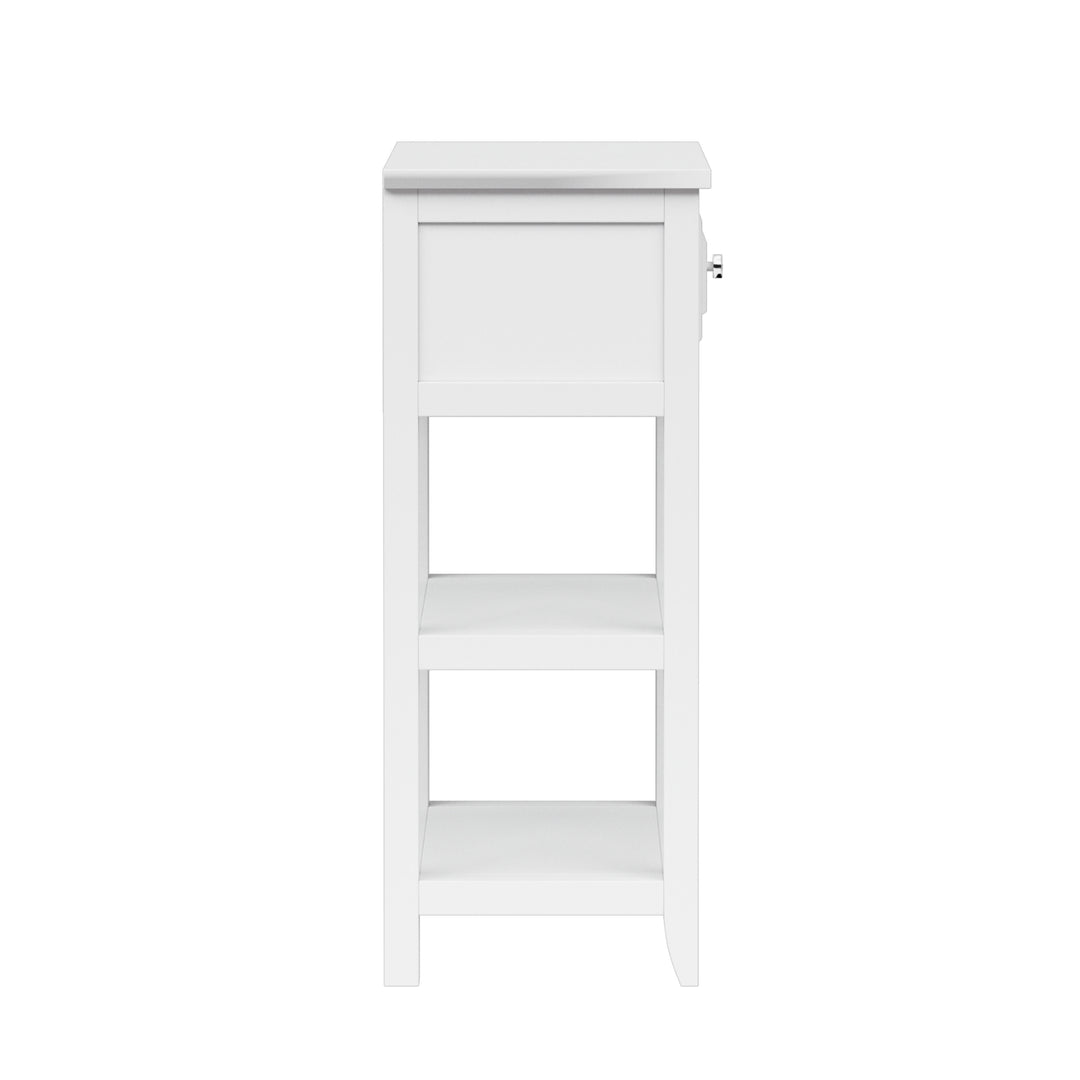Teamson Home Dawson Freestanding Bathroom Floor Cabinet with Drawer and 2 Open Shelves, Cross Molding, White Engineered Wood, Compact Space Saving Storage Cabinet for Bathroom, Bedroom, and Hallways