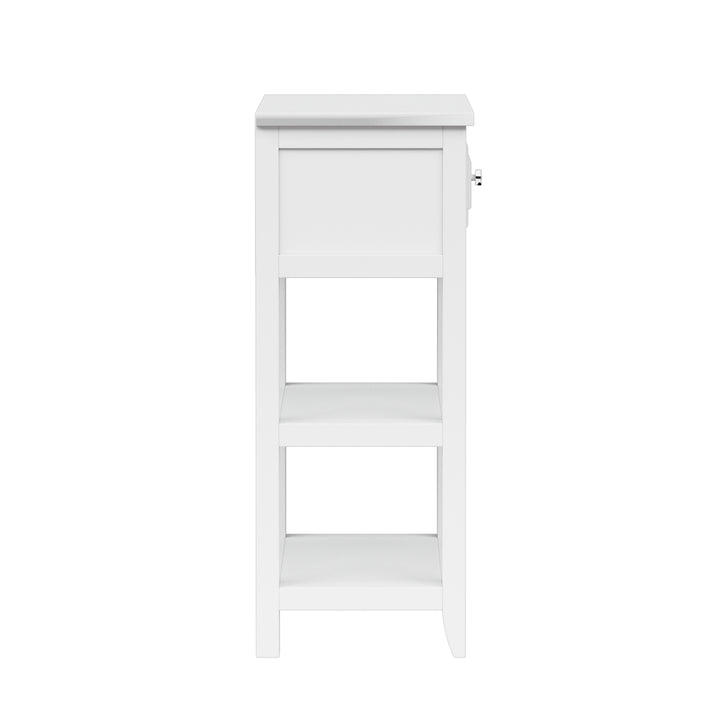 Teamson Home Dawson Freestanding Bathroom Floor Cabinet with Drawer and 2 Open Shelves, Cross Molding, White Engineered Wood, Compact Space Saving Storage Cabinet for Bathroom, Bedroom, and Hallways