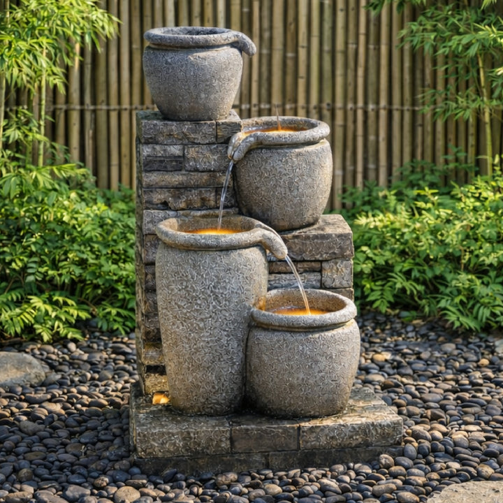 Teamson Home 30.7" 4-Tier Outdoor Solar Water Fountain with LED Lights, Gray