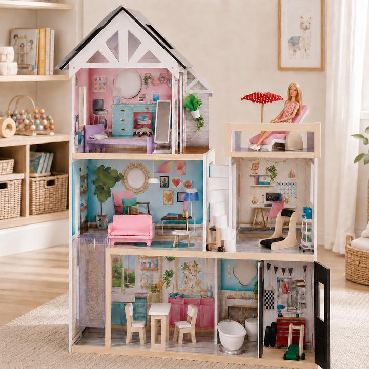 Teamson Kids Dreamland Mansion Wooden Doll House with 3 Floors, Terrace, Elevator, Spiral Stairs, Battery-Powered Lights, Sounds and 18 Accessories