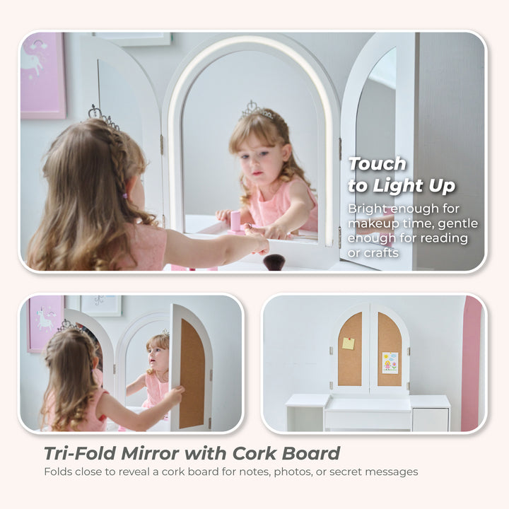 Kids Vanity & Desk Table with LED Lights, White - Deluxe Glow Vanity Set by Teamson Kids