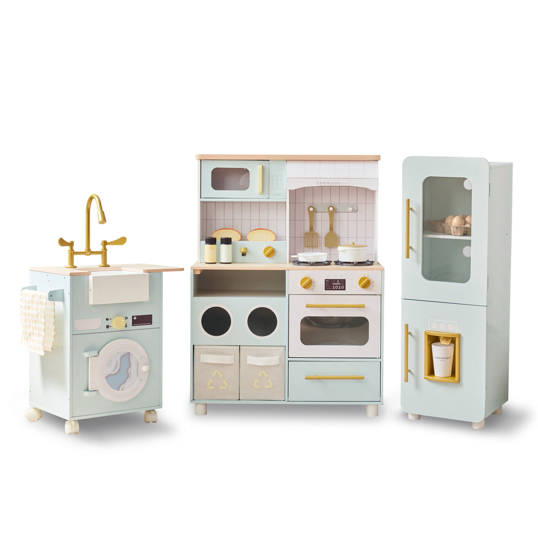 3-Pcs Wooden Play Kitchen with 21 Accessories, Green - Little Chef Savannah by Teamson Kids
