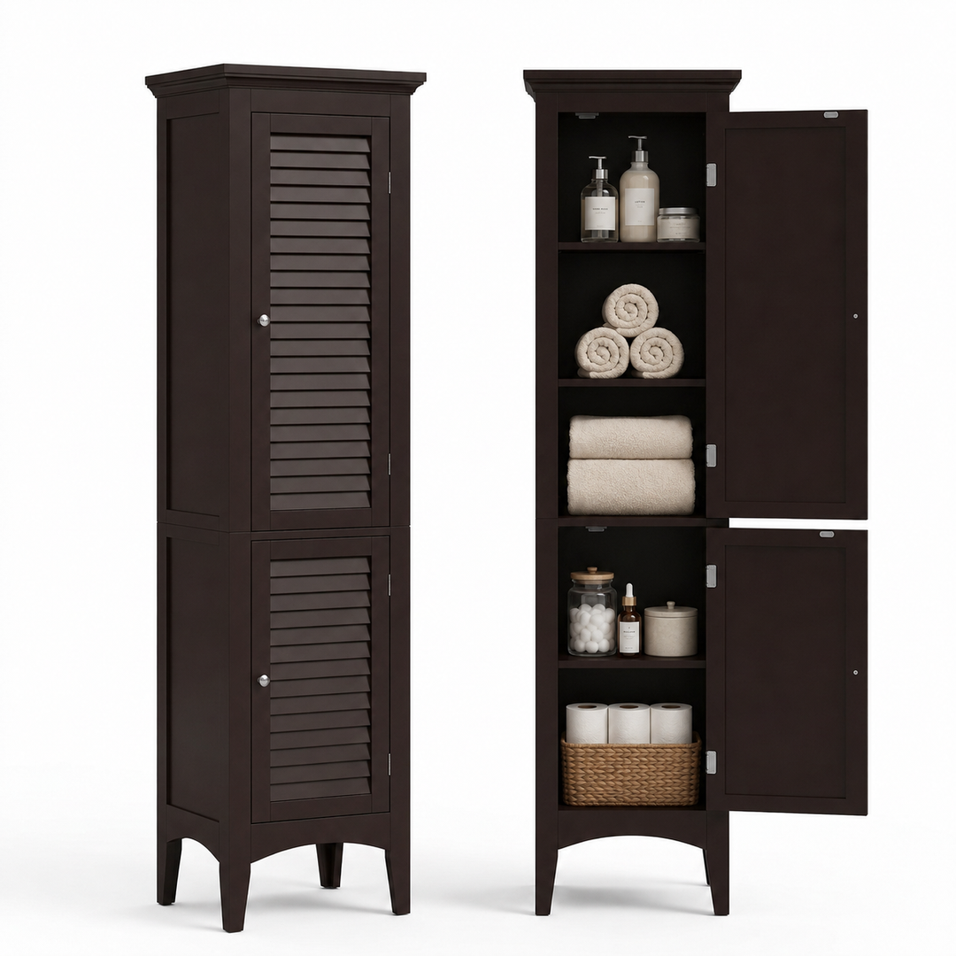 Teamson Home Glancy Wooden Bathroom Storage, Tall Narrow Freestanding Floor Cabinet with Louvered Doors, Interior Shelves, Anti-Tip Kit, for Bathroom, Living Room, Hallway, Espresso / Dark Brown