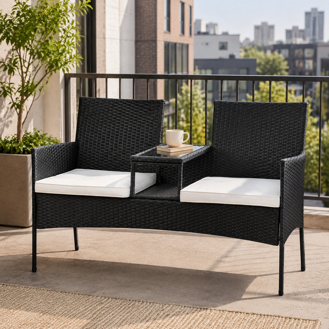Teamson Outdoor Wicker Loveseat, 2 Seats, Built-In Glass Table, Washable Cushions, Black Rattan, UV-Resistant Steel Frame, Lower Shelf, Compact Patio Seating for Gardens, Porches, Decks & Patios