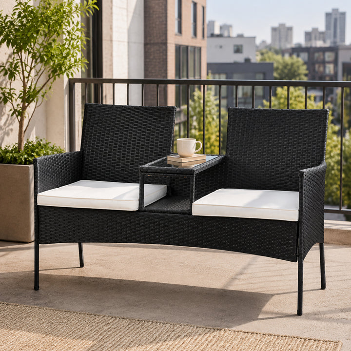 Teamson Outdoor Wicker Loveseat, 2 Seats, Built-In Glass Table, Washable Cushions, Black Rattan, UV-Resistant Steel Frame, Lower Shelf, Compact Patio Seating for Gardens, Porches, Decks & Patios
