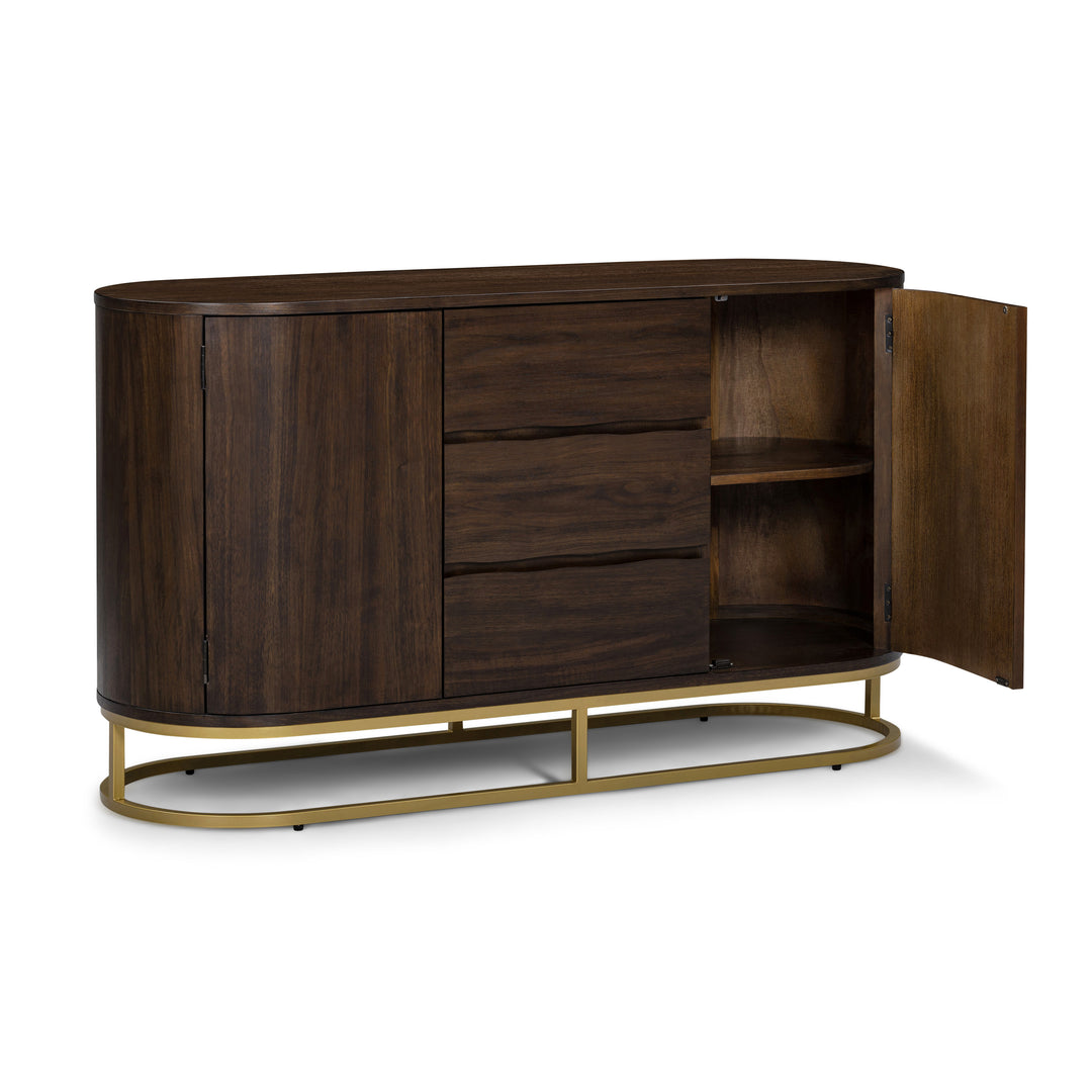 Seneca 55” W Walnut Veneer Sideboard with Spacious Storage and Brass Gold Metal Base by Teamson Home