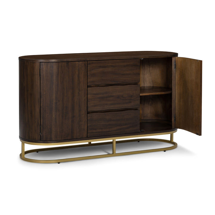 Seneca 55” W Walnut Veneer Sideboard with Spacious Storage and Brass Gold Metal Base by Teamson Home