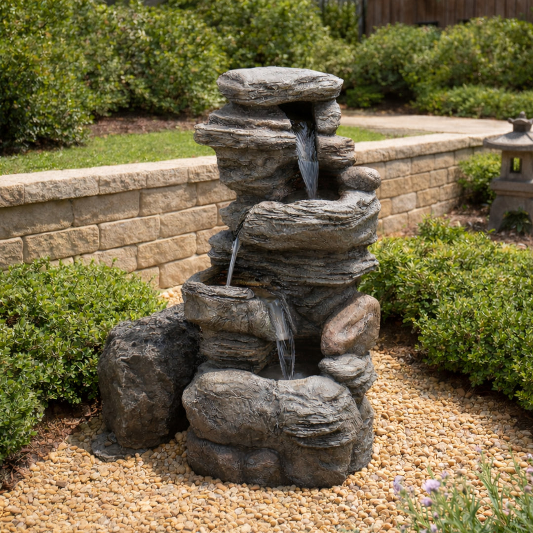 Teamson Home 39.37" Outdoor Faux Stone 4-Tier Water Fountain with LED, Gray