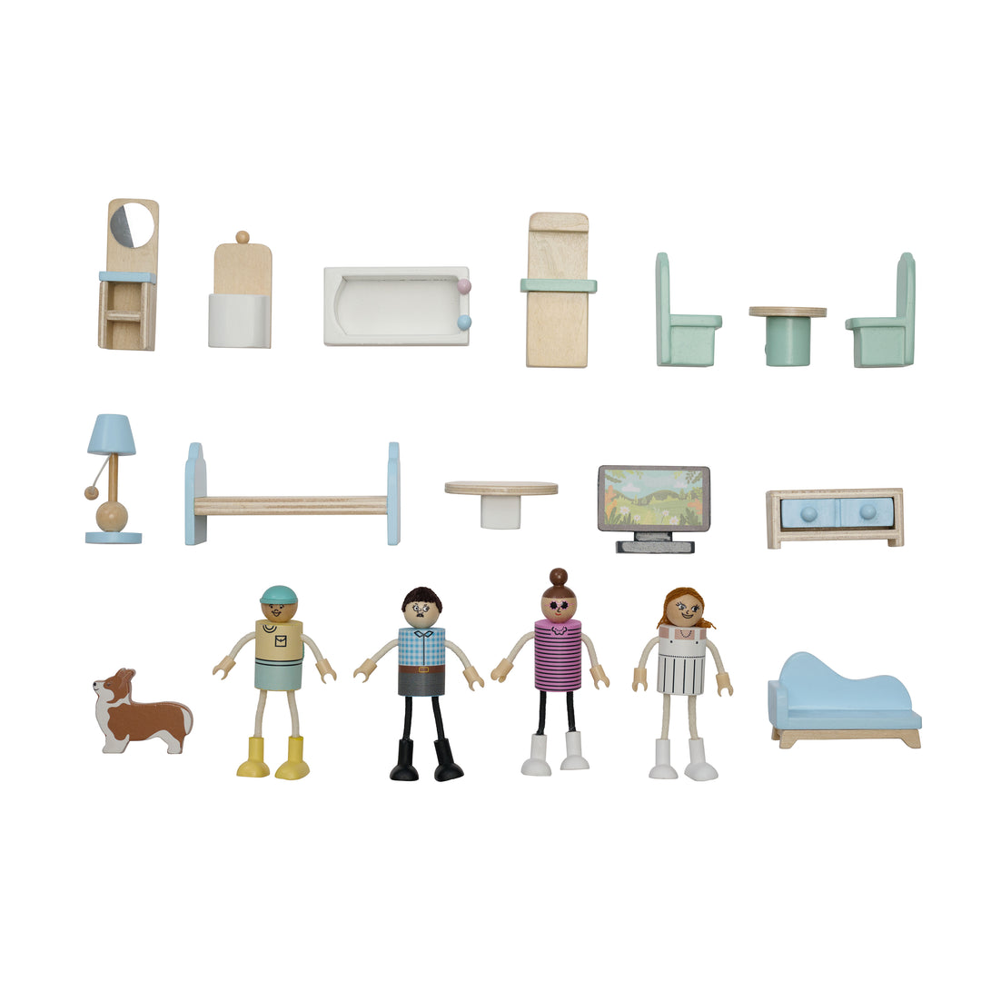 Wooden Dollhouse with 18 Accessories, Green & Blue - The Lovely Townhouse by Teamson Kids