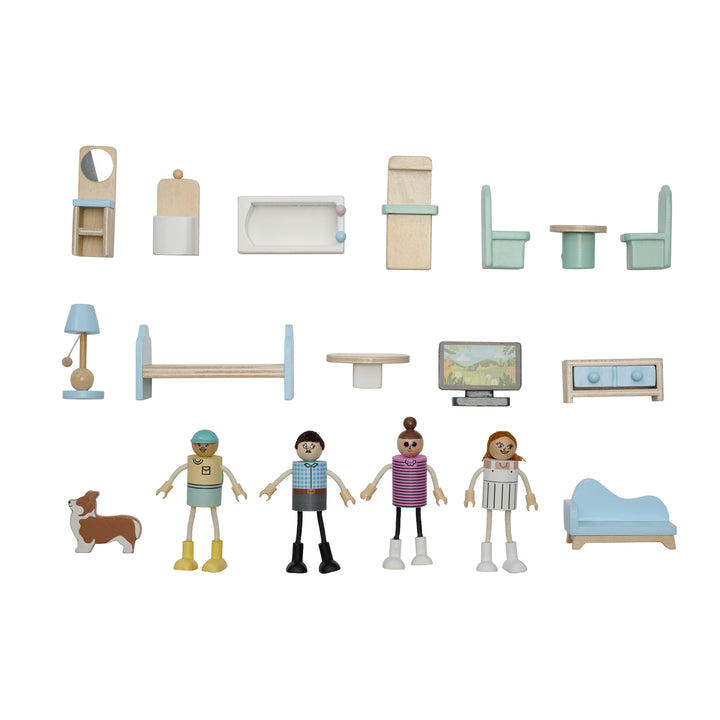 Wooden Dollhouse with 18 Accessories, Green & Blue - The Lovely Townhouse by Teamson Kids