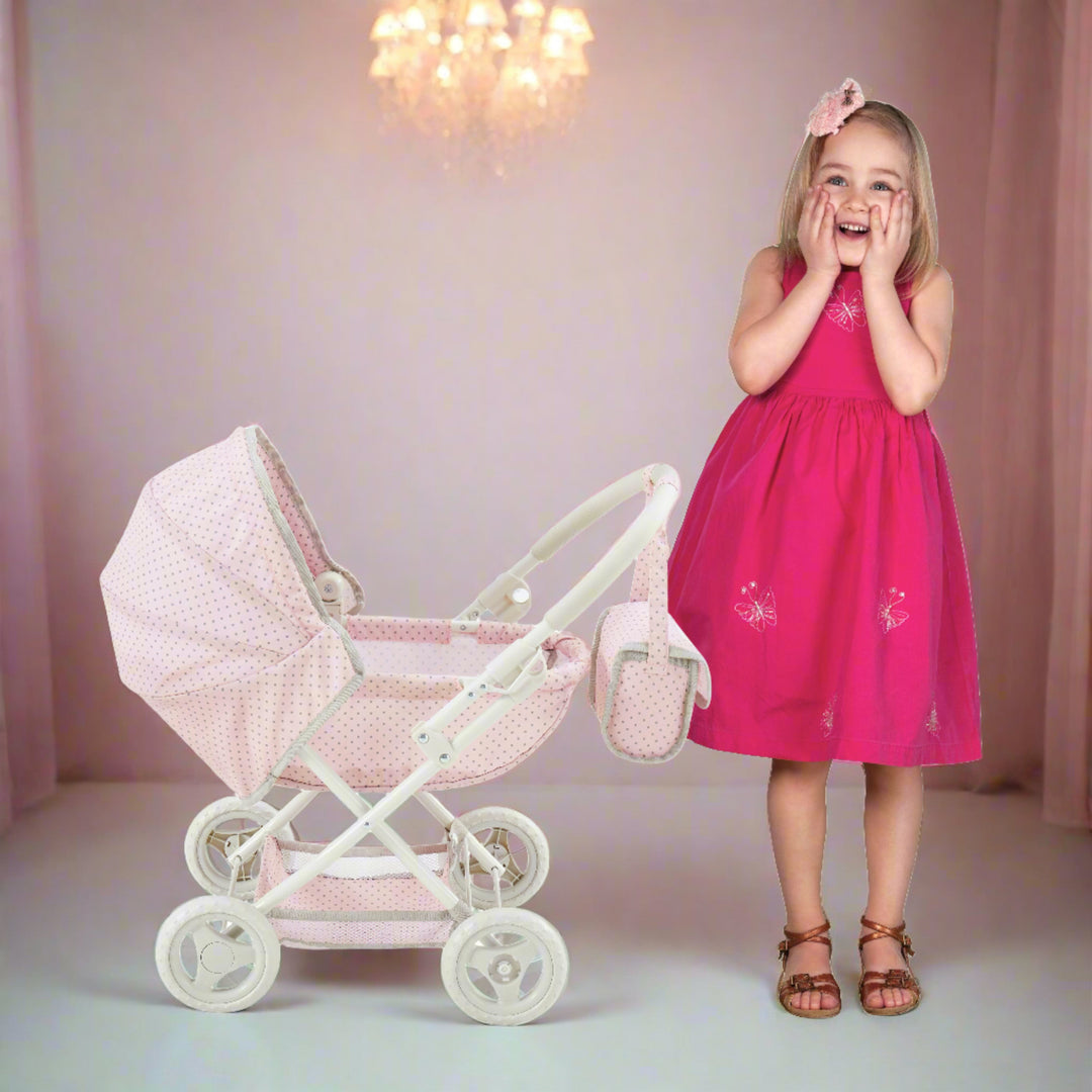 stroller next to a happily surprised girl role playing as mom in a chic play room