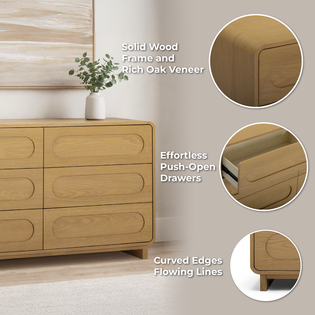 Tenley 55'' W Oak Veneer 6-Drawer Dresser with Push-Open Drawers by Teamson Home