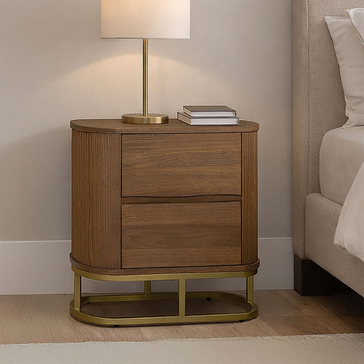 Seneca 23.5” W Walnut Veneer 2-Drawer Nightstand Bedside Storage with Metal Base by Teamson Home