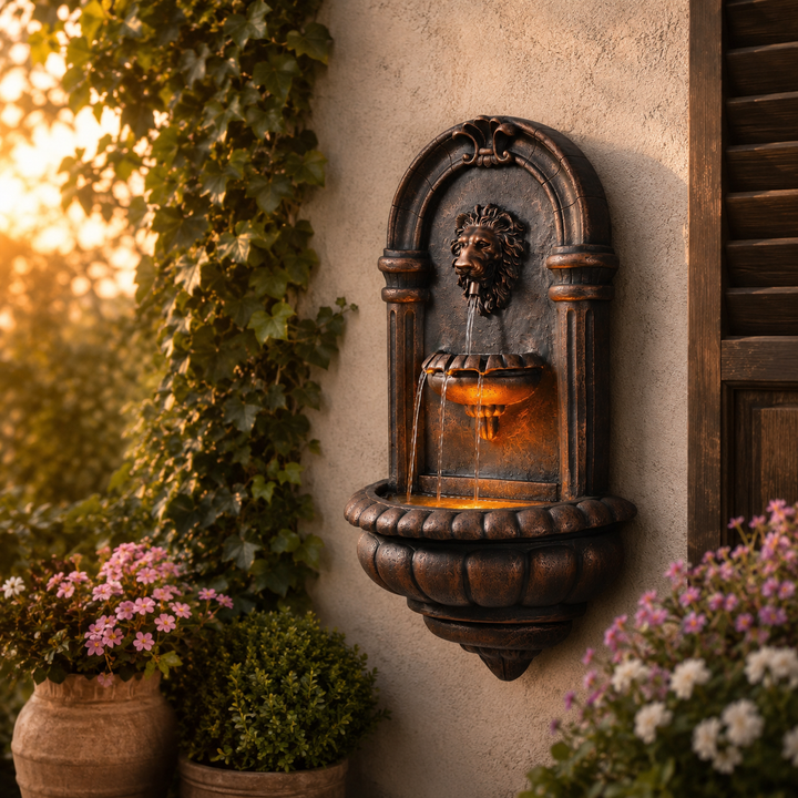 Teamson Home 32.09" Tiered Lion Head Stone LED Outdoor Water Fountain, Bronze