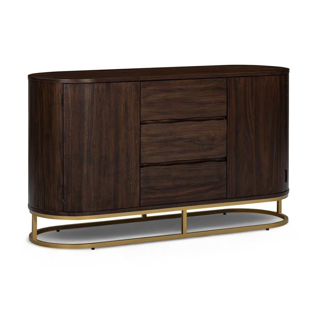 Seneca 55” W Walnut Veneer Sideboard with Spacious Storage and Brass Gold Metal Base by Teamson Home