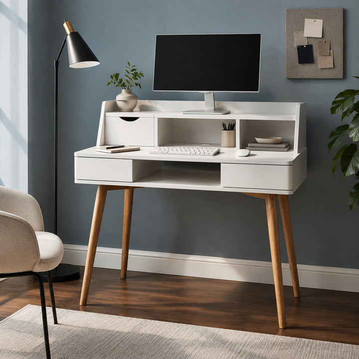 Teamson Writing Desk with Hutch, 2 Drawers, Flip Drawer, Cubbies, Cable Opening, White MDF & Natural Wood Legs, Compact Home Office Study Desk with Storage, Creativo Collection for Small Apartments