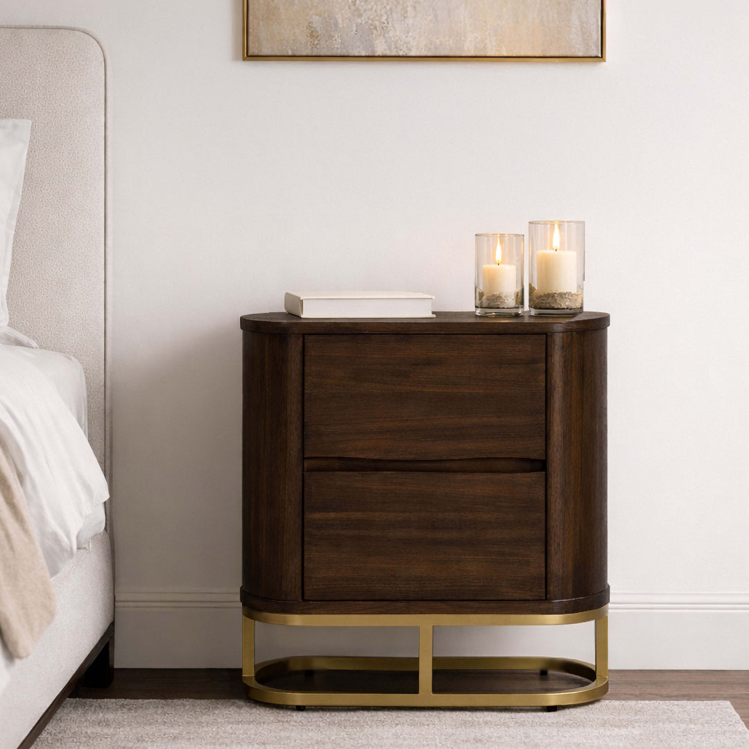 Seneca 23.5” W Walnut Veneer 2-Drawer Nightstand Bedside Storage with Metal Base by Teamson Home