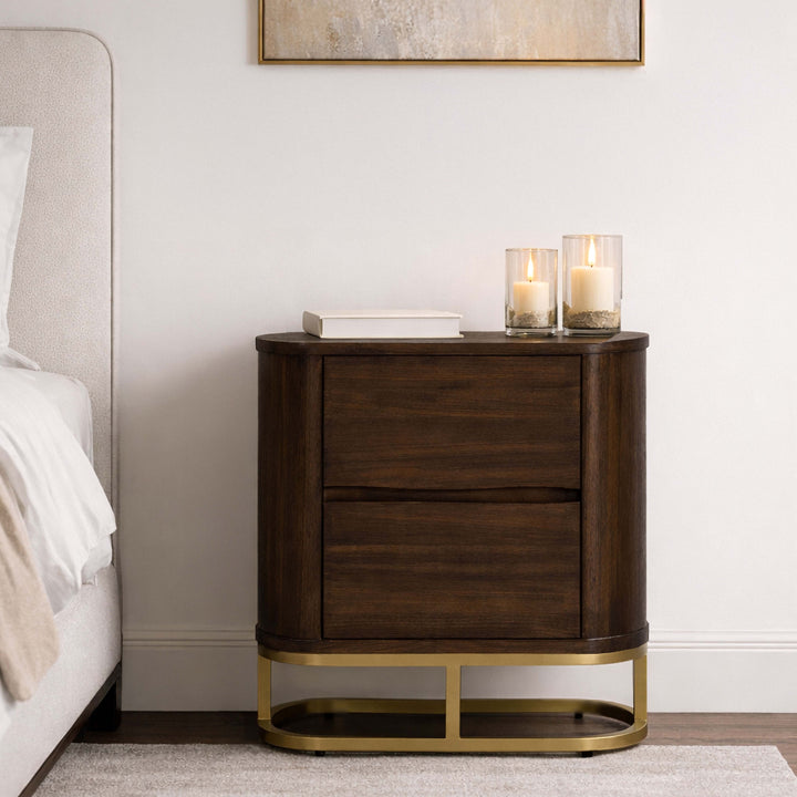 Seneca 23.5” W Walnut Veneer 2-Drawer Nightstand Bedside Storage with Metal Base by Teamson Home