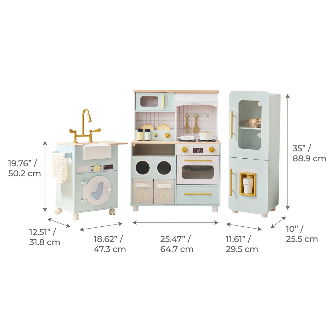 3-Pcs Wooden Play Kitchen with 21 Accessories, Green - Little Chef Savannah by Teamson Kids
