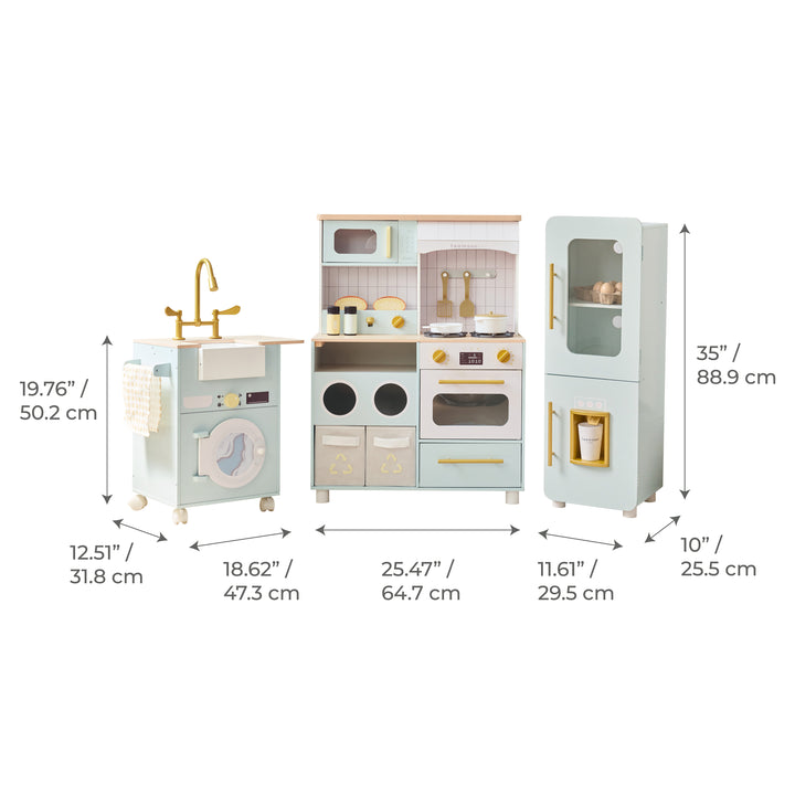 3-Pcs Wooden Play Kitchen with 21 Accessories, Green - Little Chef Savannah by Teamson Kids