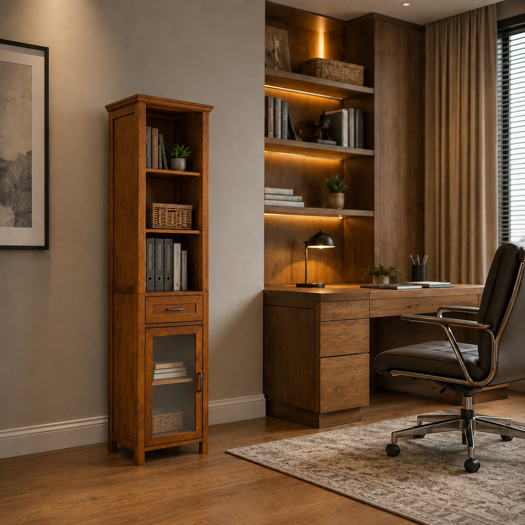 Teamson Home Avery 65-Inch Tall Freestanding Linen Tower with Open Shelves, Storage Drawer, Tempered Glass Door, Adjustable Shelf, Crown-Molded Top, Antique Brass Handles and Oiled Oak Veneer Finish