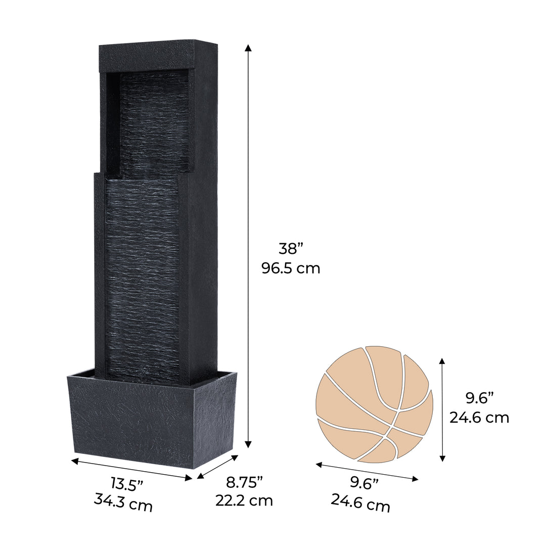 A tall rectangular water fountain with a textured surface, measuring 38 inches (96.5 cm) in height, with dimensions indicated next to a basketball for size reference.
