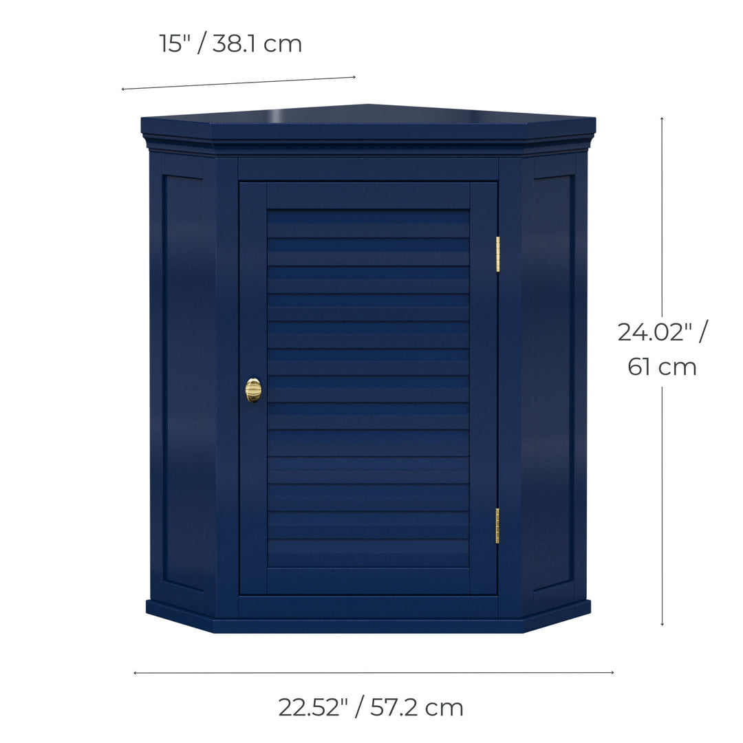 Dimensional graphic of a navy blue corner floor cabinet with gold hardware, measured in inches and centimeters.