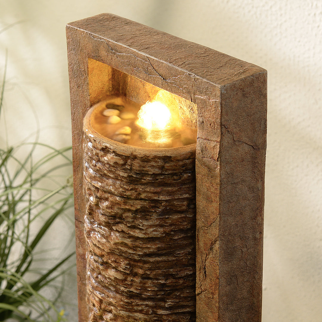 Teamson Home Framed Layered Rock Design Patio Water Fountain–Warm Glow Lighting with Steady Flow & Electric Pump, Brown