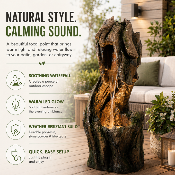 Teamson Home Forest-Inspired Cascade Water Fountain Outdoor Garden–LED Light with Built-In Electric Pump & Simple Setup, Gray