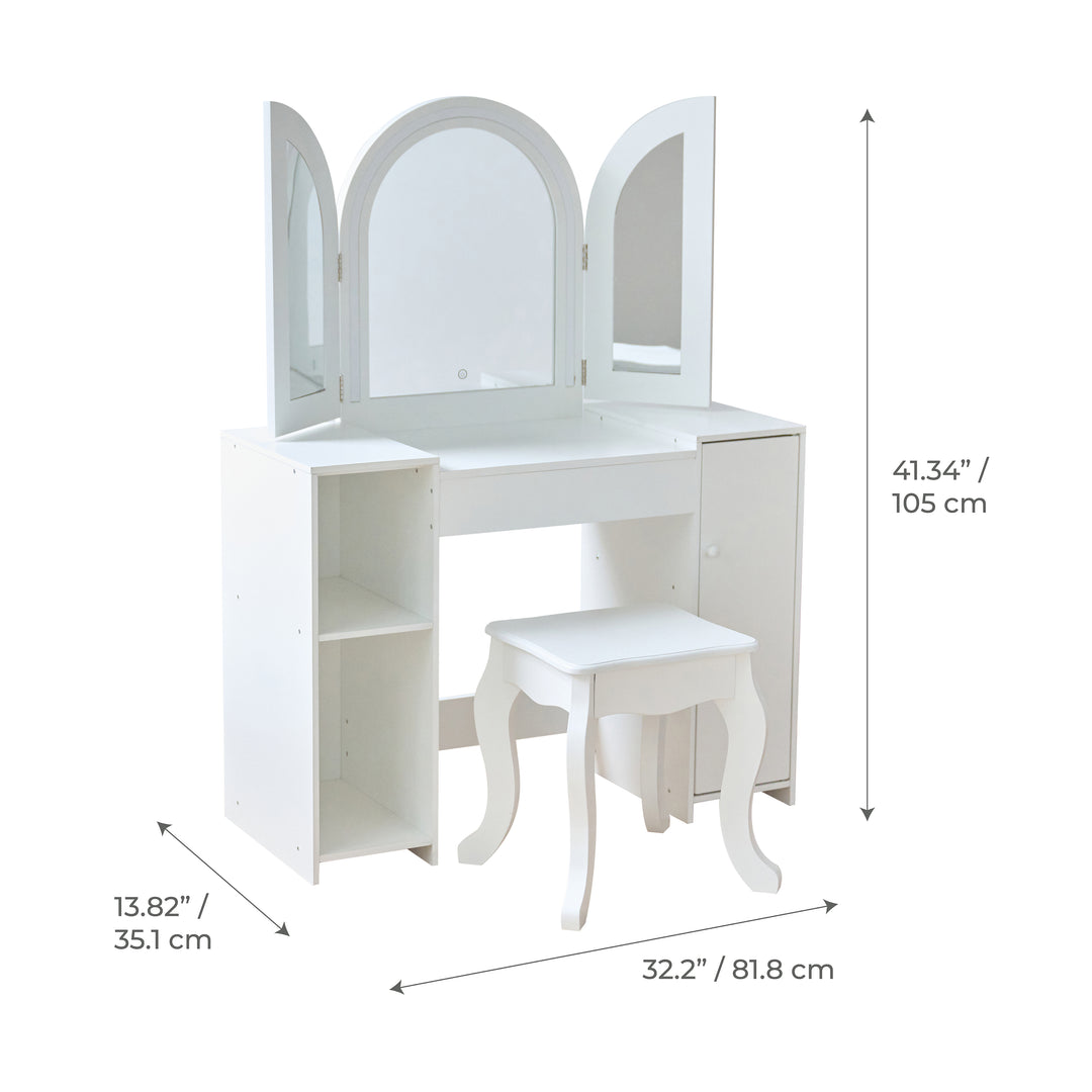 Kids Vanity & Desk Table with LED Lights, White - Deluxe Glow Vanity Set by Teamson Kids