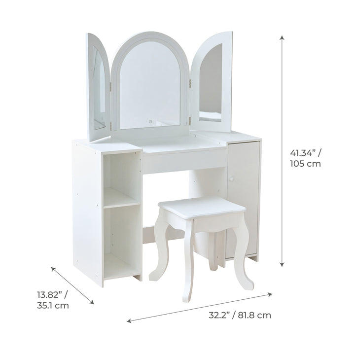 Kids Vanity & Desk Table with LED Lights, White - Deluxe Glow Vanity Set by Teamson Kids