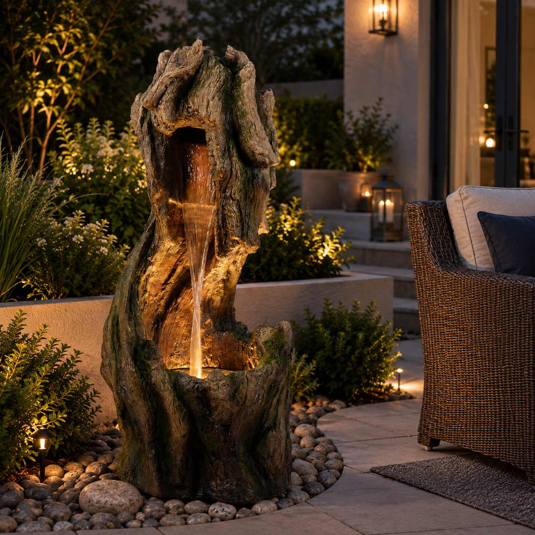Teamson Home Forest-Inspired Cascade Water Fountain Outdoor Garden–LED Light with Built-In Electric Pump & Simple Setup, Gray