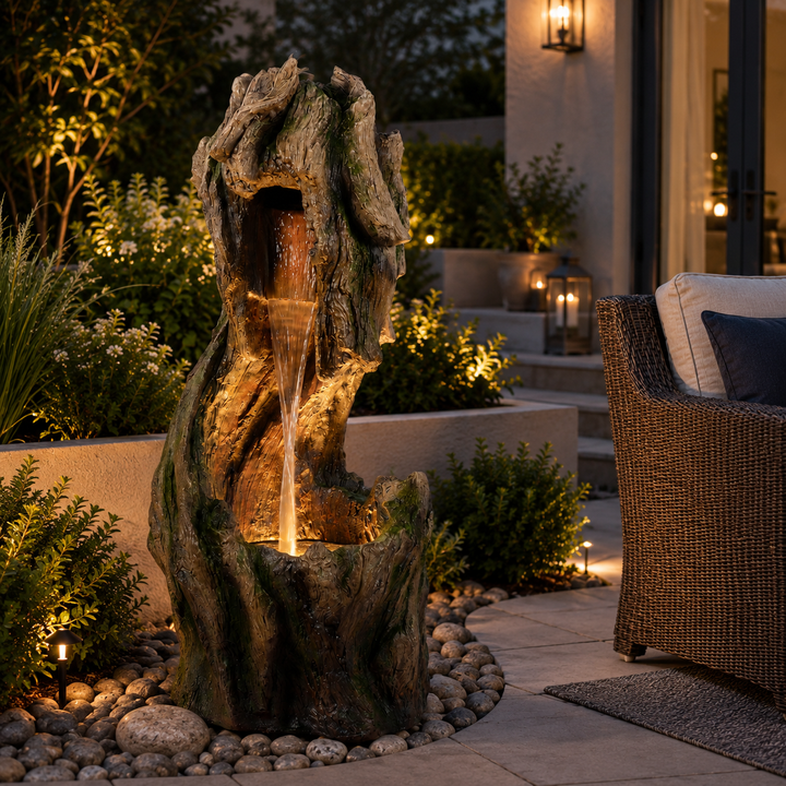 Teamson Home Forest-Inspired Cascade Water Fountain Outdoor Garden–LED Light with Built-In Electric Pump & Simple Setup, Gray