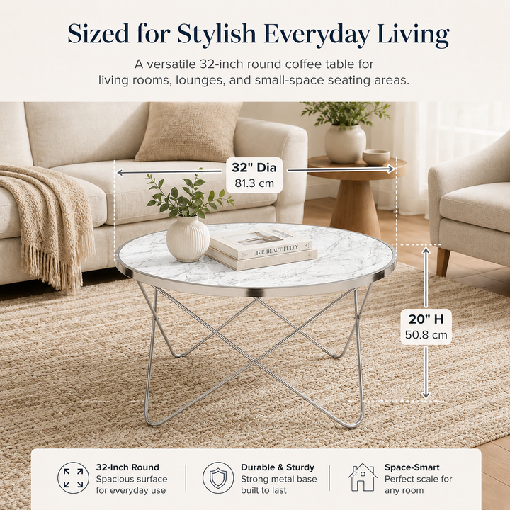 Teamson Home Margo Small Round Faux White Carrara Marble Coffee Table, White