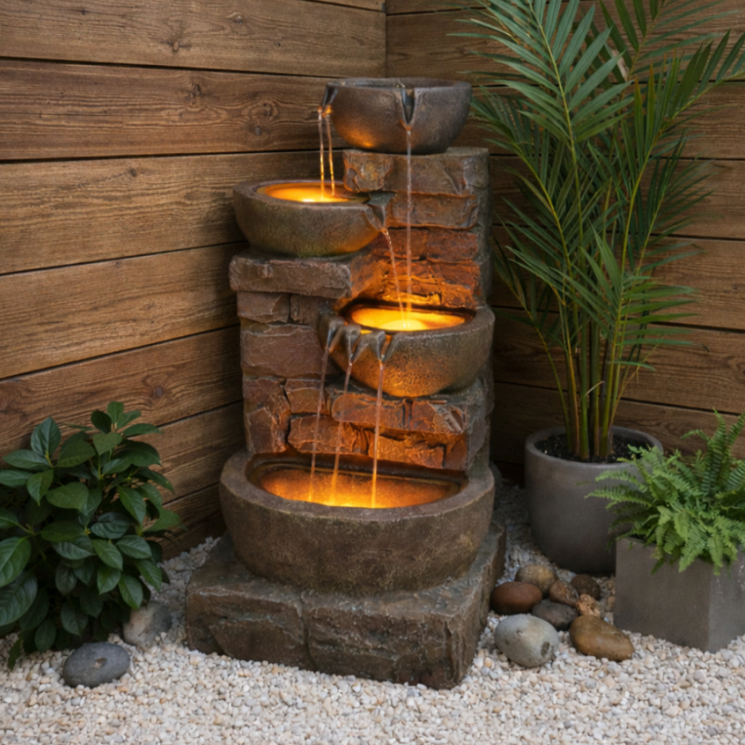Teamson Home 33.27" Cascading Bowls & Stacked Stones LED Water Fountain, Brown