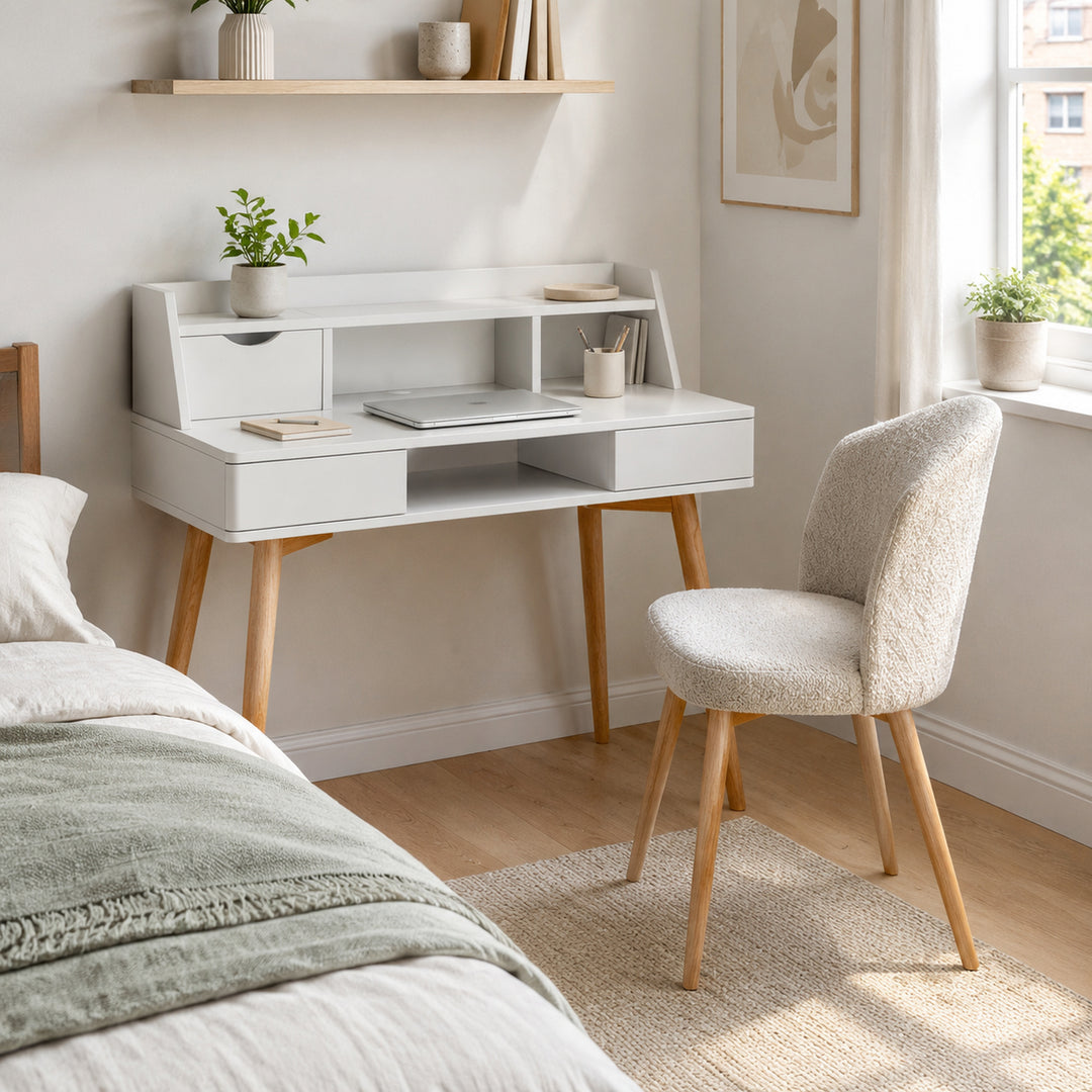 Teamson Writing Desk with Hutch, 2 Drawers, Flip Drawer, Cubbies, Cable Opening, White MDF & Natural Wood Legs, Compact Home Office Study Desk with Storage, Creativo Collection for Small Apartments