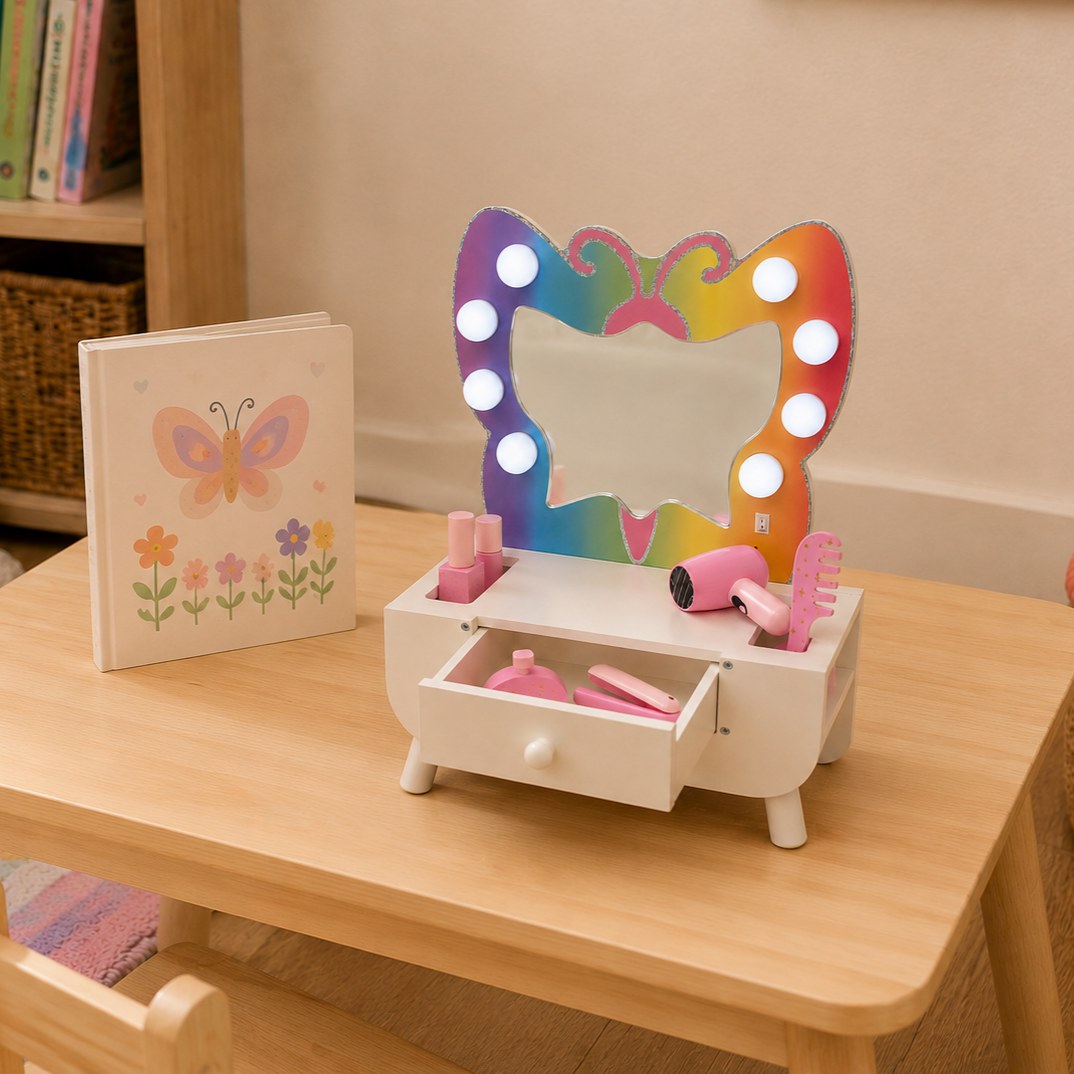 Teamson Kids Butterfly Light-Up Tabletop Kids Vanity Set with 6 Accessories, White and Pink, Butterfly LED Light-up Mirror, Shatterproof mirror for Safer Play, Includes Pretend Dress Up Pieces