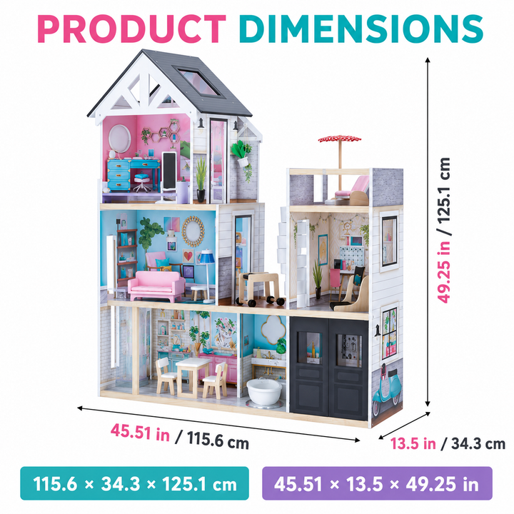 Teamson Kids Dreamland Mansion Wooden Doll House with 3 Floors, Terrace, Elevator, Spiral Stairs, Battery-Powered Lights, Sounds and 18 Accessories