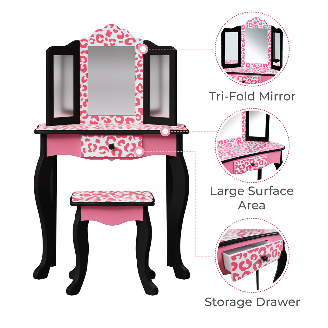 An infographic with callouts for a tri-fold mirror, large surface area, and storage drawer