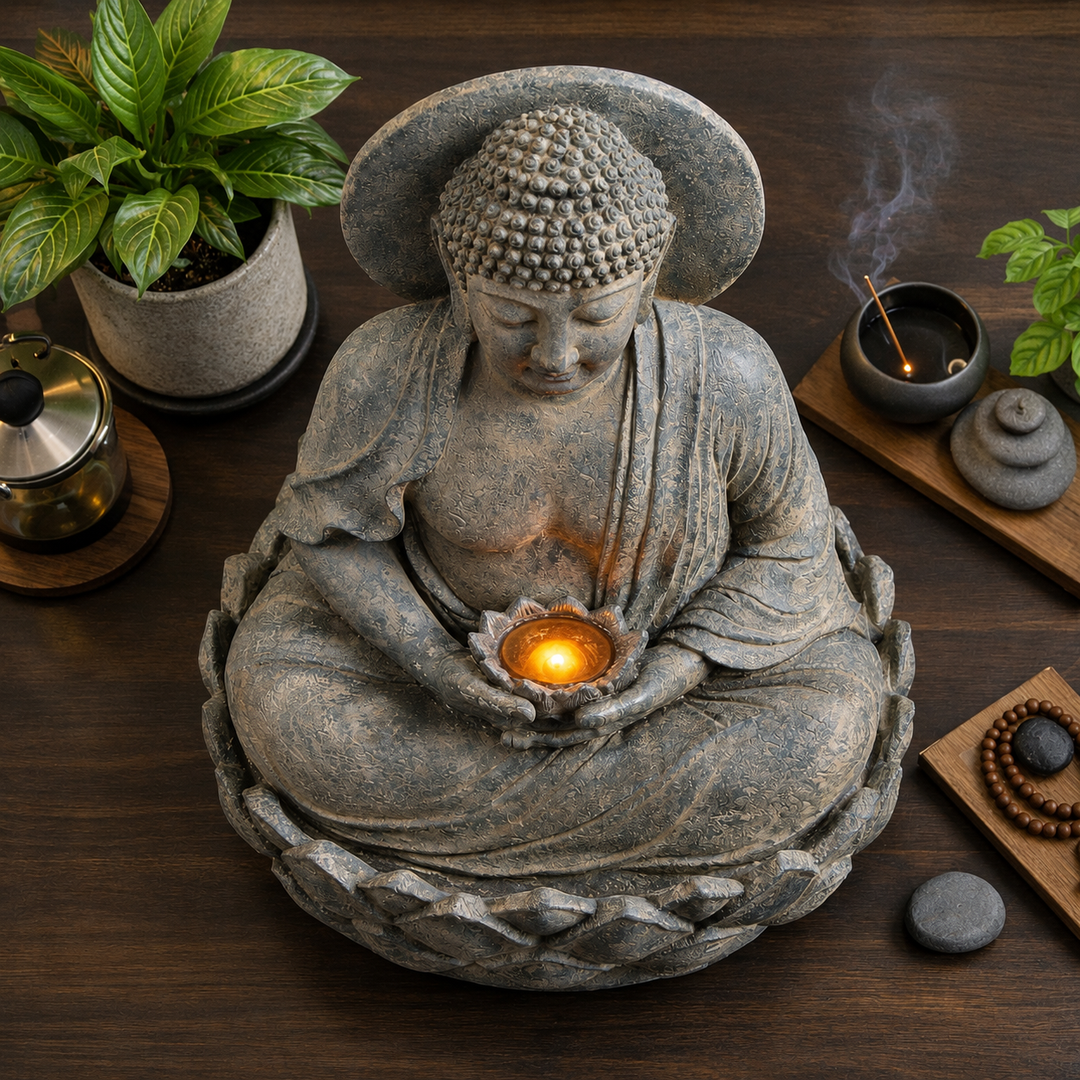 Teamson Home 28.35" Buddha LED Outdoor Water Fountain, Rustic Gray