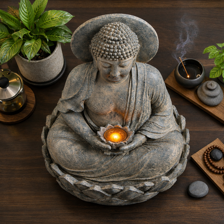 Teamson Home 28.35" Buddha LED Outdoor Water Fountain, Rustic Gray
