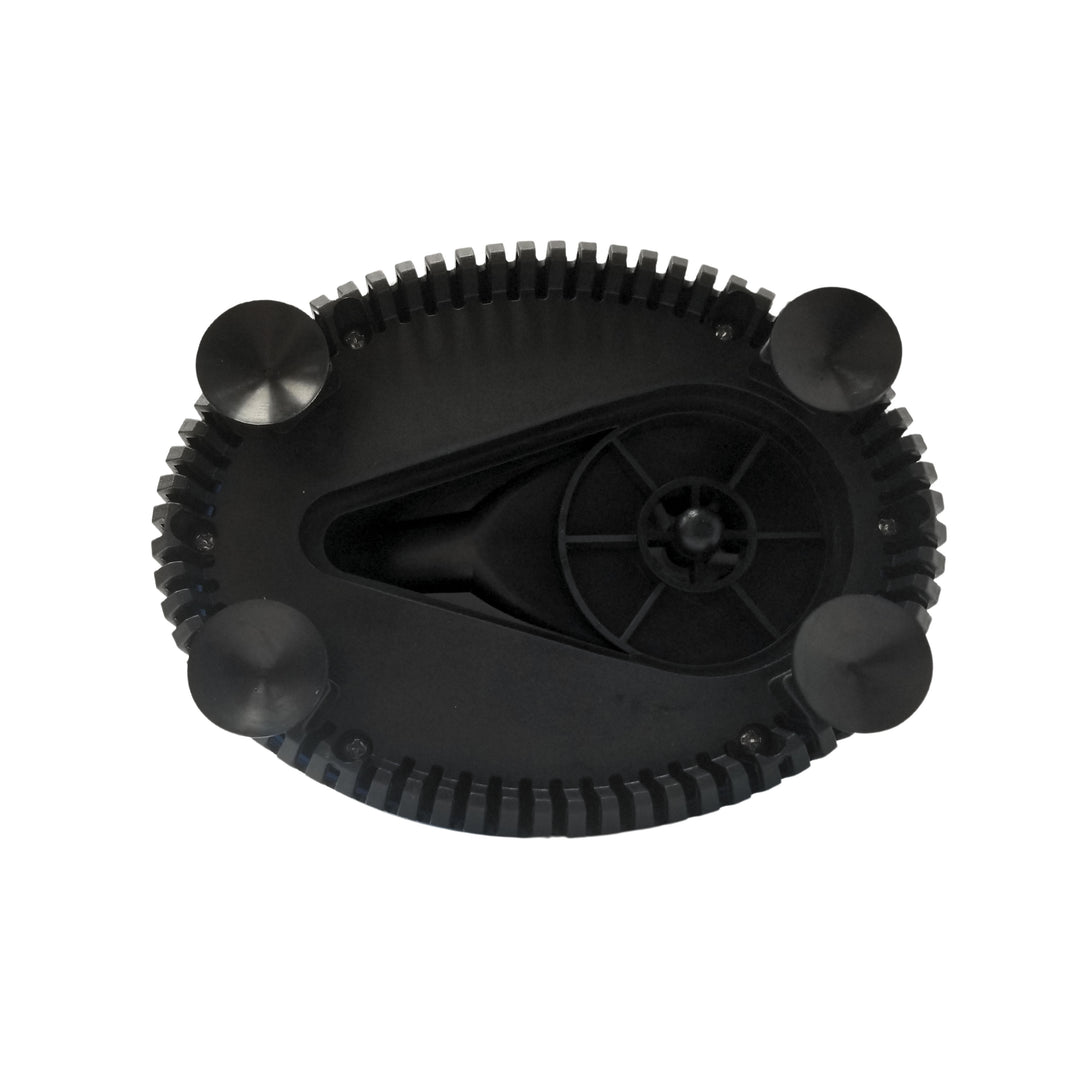 Bottom view of a black, oval-shaped submersible pump with multiple suction cups .
